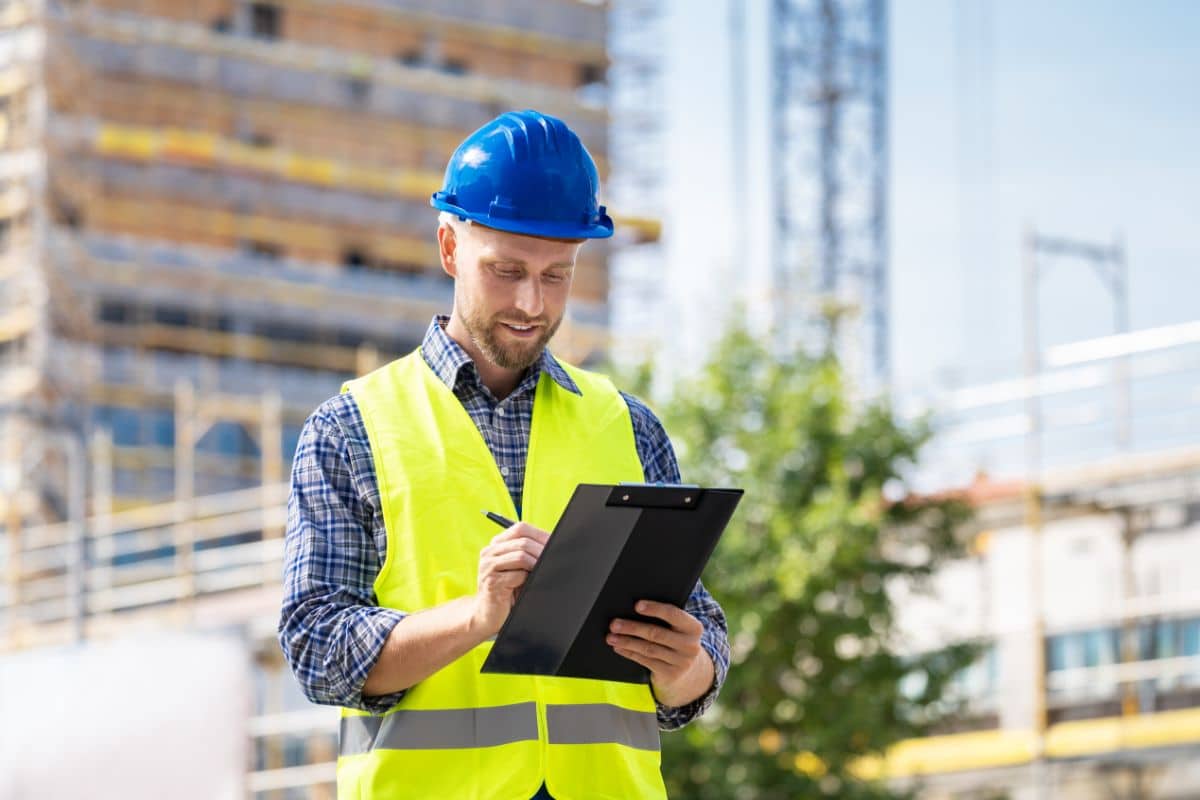 Construction inspector with a clipboard on a job site