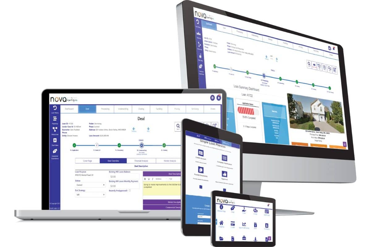 NOVA loan origination software shown on desktop, tablet and phone